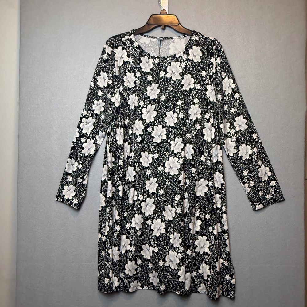 Old Navy Floral Long Sleeve Swing Dress Black White Jersey Knit Large